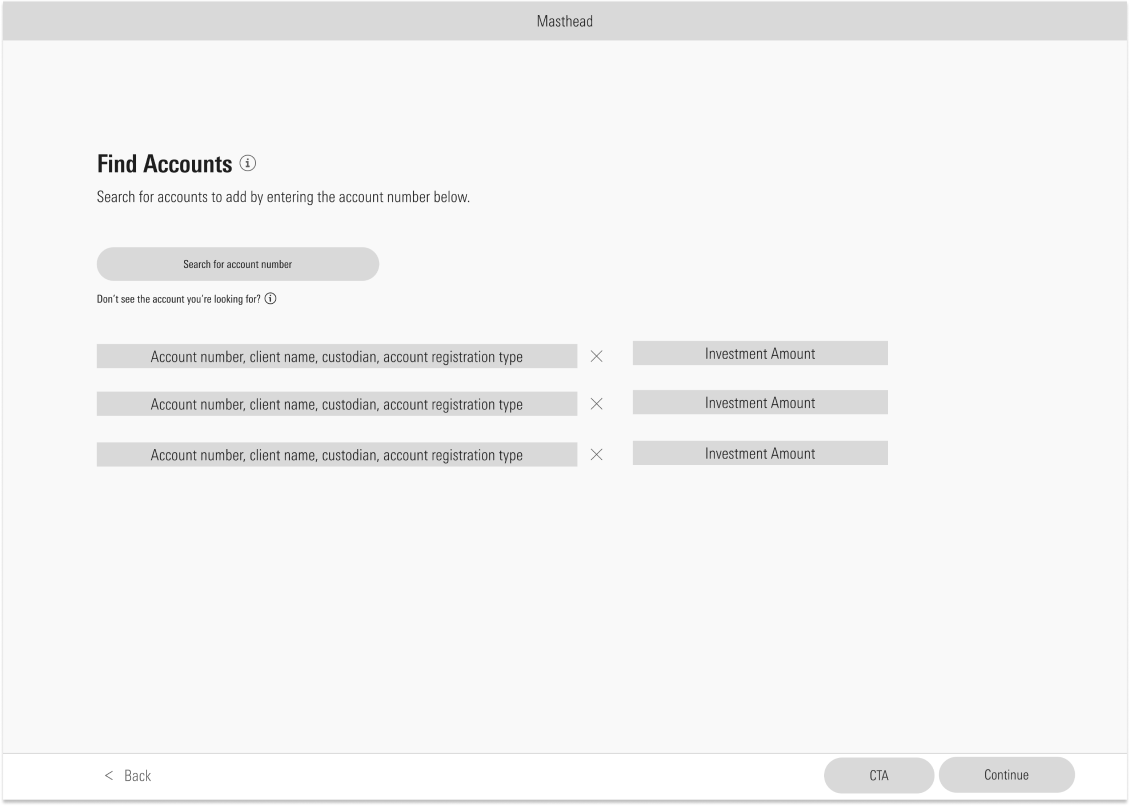 Low-resolution wireframe prototype for a workflow to find accounts by account number.