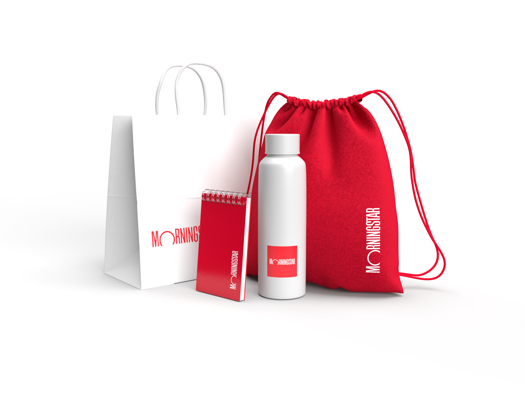 Grouping of branded merchandise with the Morningstar logo.