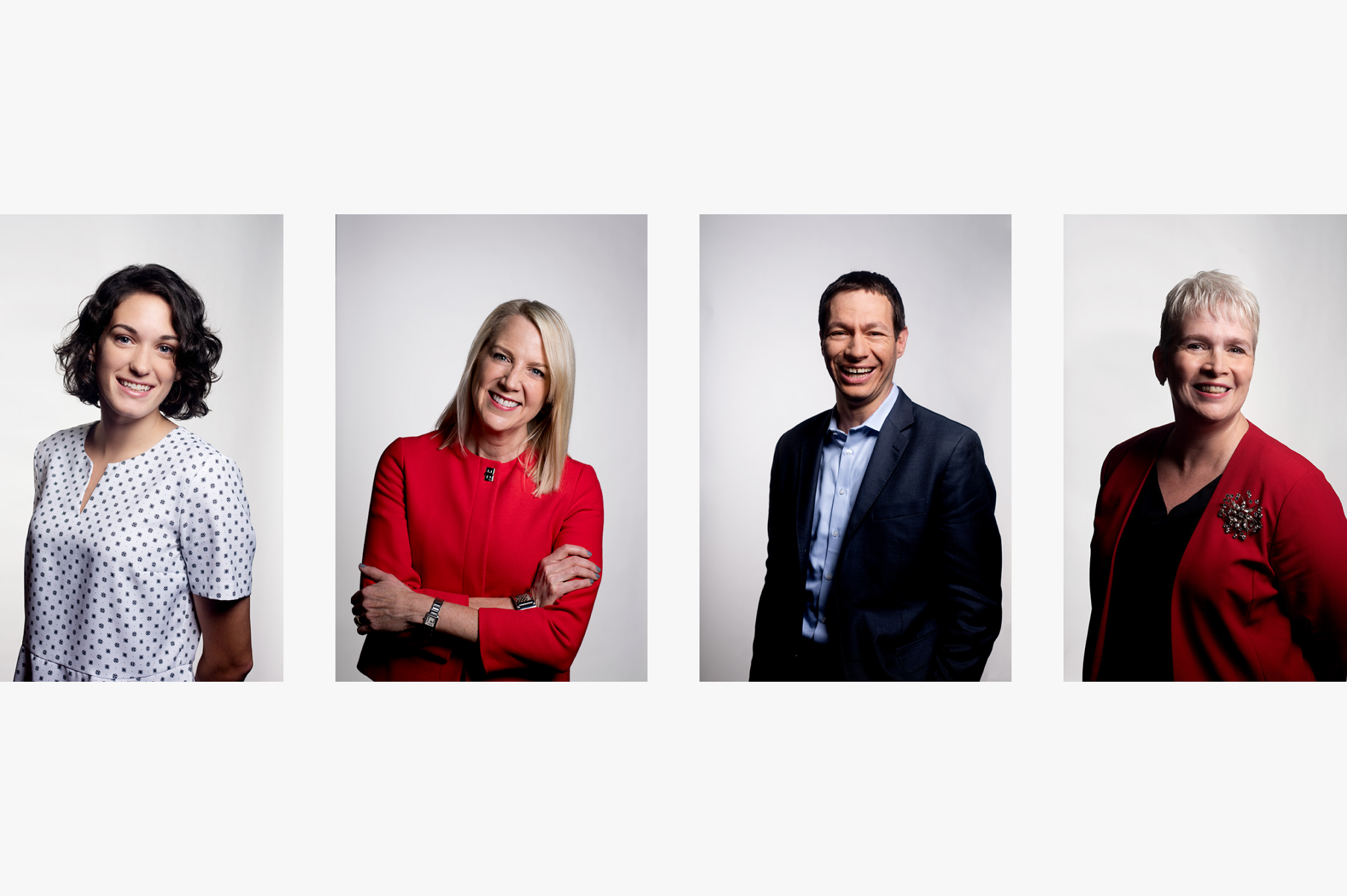 Collage of photographed people against white background.