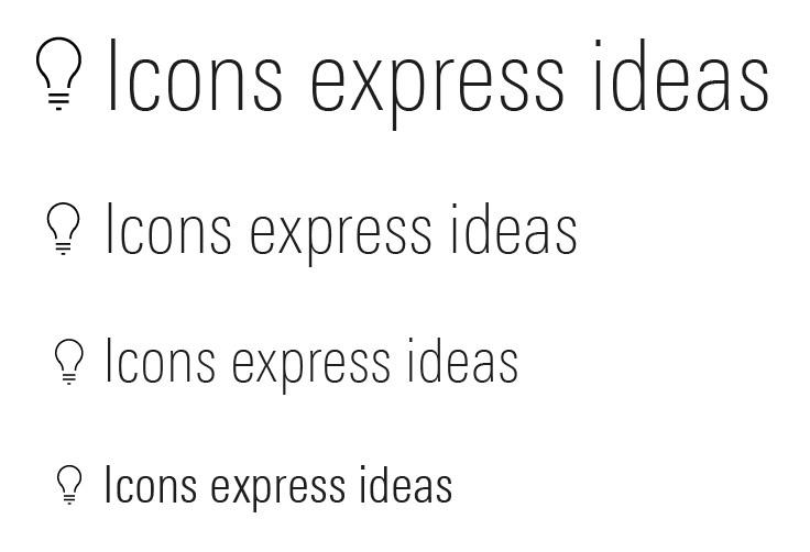Example of lightbulb icon strokes scaled to match the typography they are paired with.