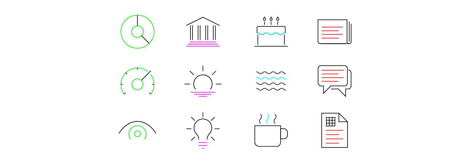 Examples of common shapes replicated across different icons, like curves, horizontal lines and waves.