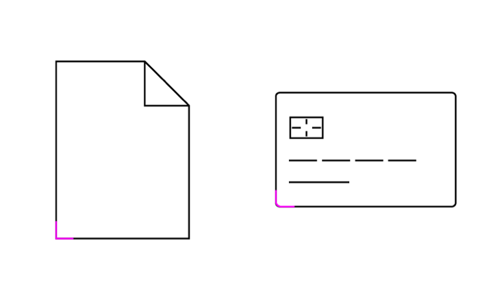 Example showing a piece of paper and credit card icon using border radii that match their true nature.