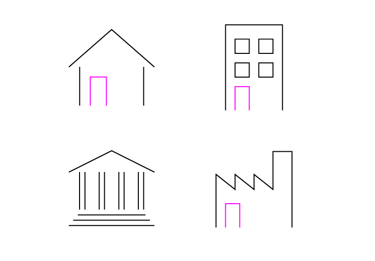 Example showing replication of the shape of a door across many structures, and one example where not replicating makes sense.