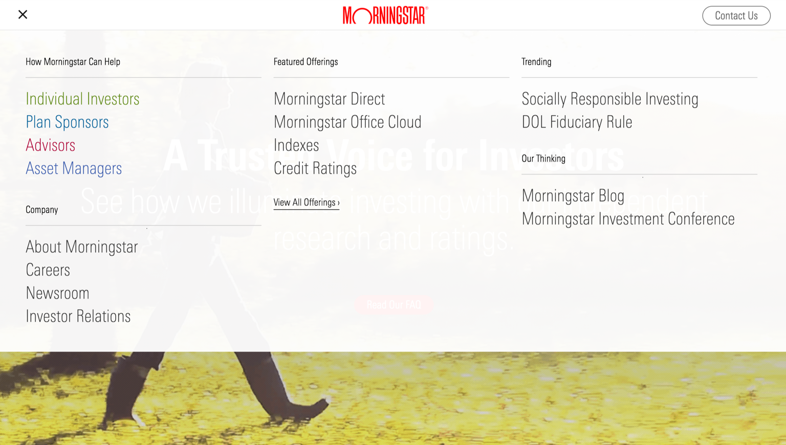 Example of a navigation container on the Morningstar company site.