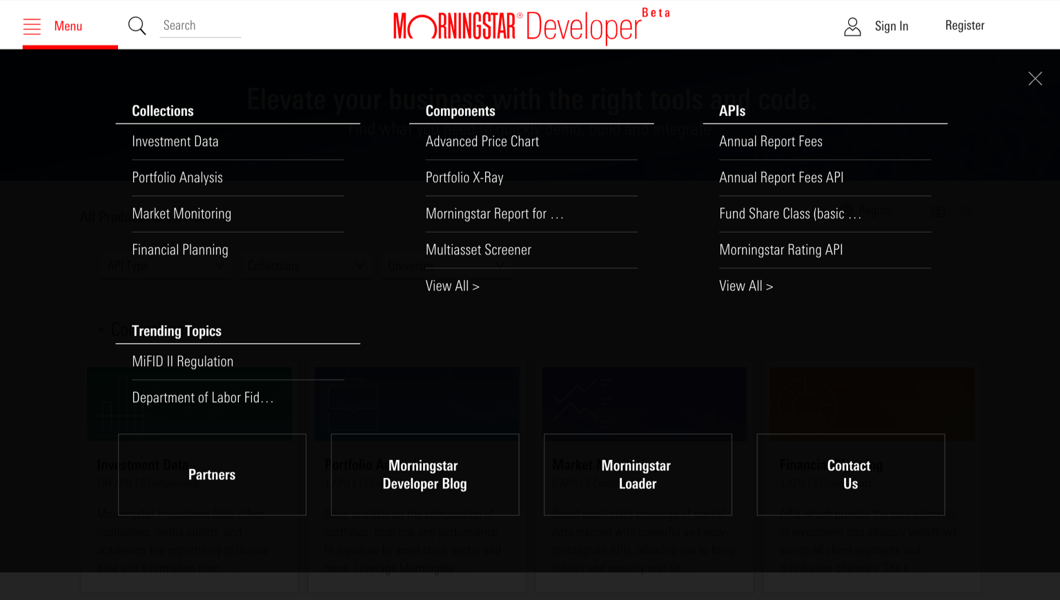 Example of a navigation container on the Morningstar Developer site.