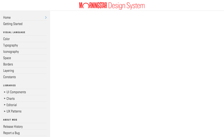 Morningstar Design System above 768px wide, using the Vertical Navigation Page Shell.
