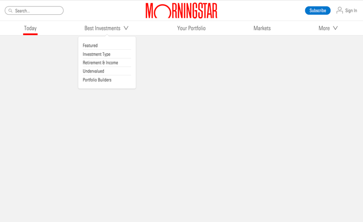 Morningstar.com above 768px wide, using the Horizontal Navigation Page Shell with sticky behavior.