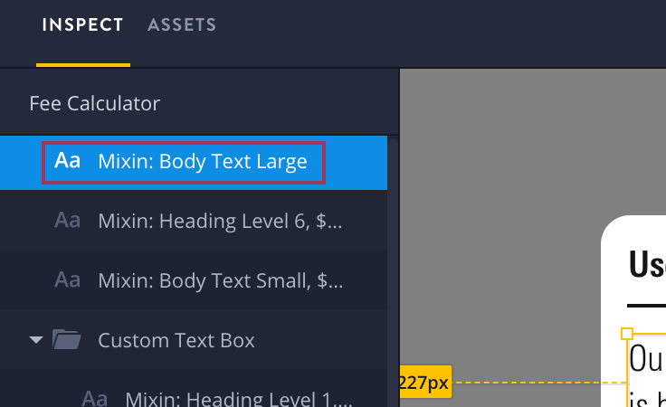Screenshot of InVision inspect showing layers named with spec details.