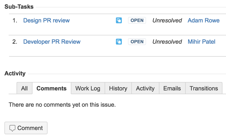 Screenshot of JIRA subtasks for PR review.