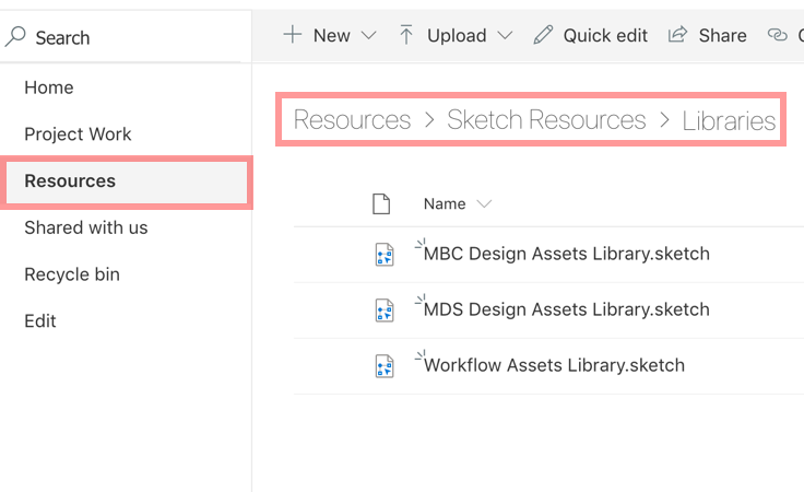 Highlighting the MBC design assets item in the OneDrive navigation.