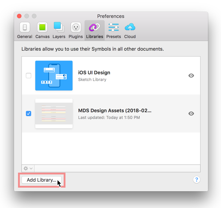 The libraries pane in Sketch preferences, highlighting the button to add a library.