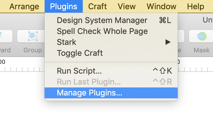 Sketch Plugins dropdown, Manage Plugins highlighted