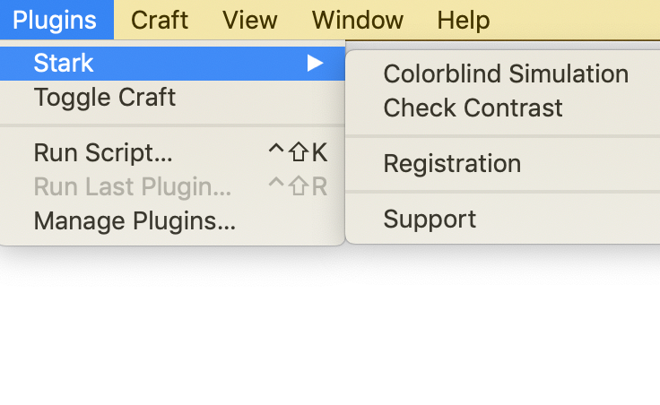 Sketch Plugins dropdown, Stark highlighted, showing Stark plugin options