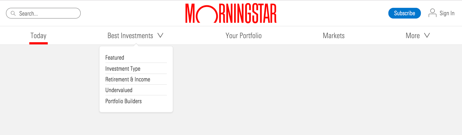 An example of Morningstar product navigation, including a masthead and site navigation component.