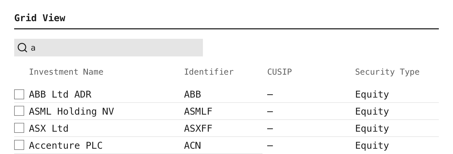An example of a search field that filters a list of options displayed in a data table.
