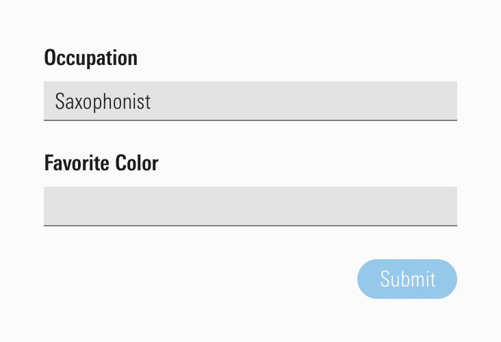 Example of a button animating from disabled to enabled as a form is filled out.