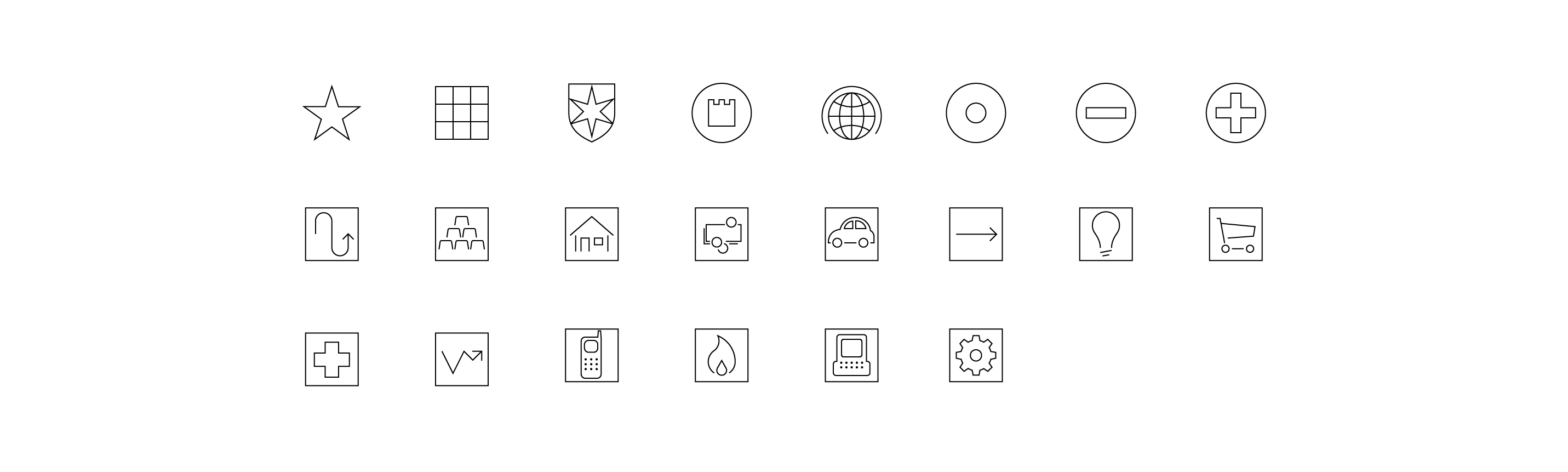 Grid displaying all illustrative Morningstar intellectual property icons, like our star rating and stylebox.