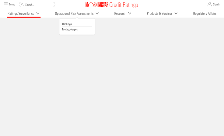 Morningstar Credit Ratings above 1024px wide, using the Horizontal Navigation Page Shell with a Hidden Menu and sticky behavior.