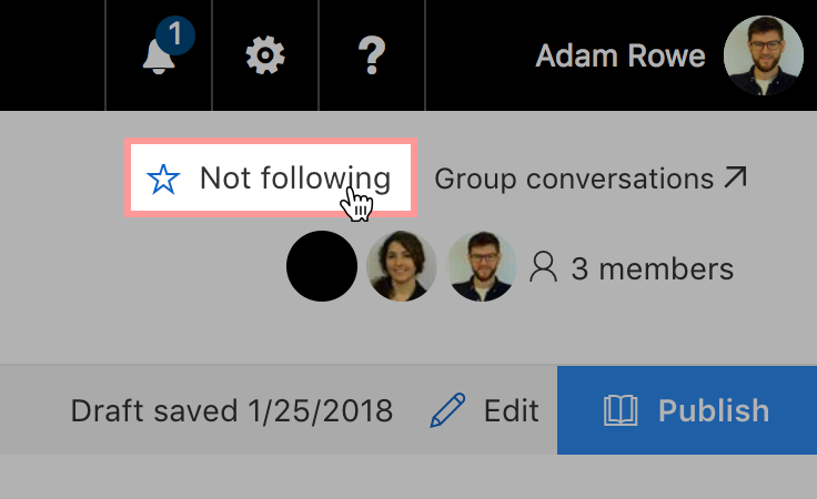 Highlighting the button on the sharepoint page you click to follow.