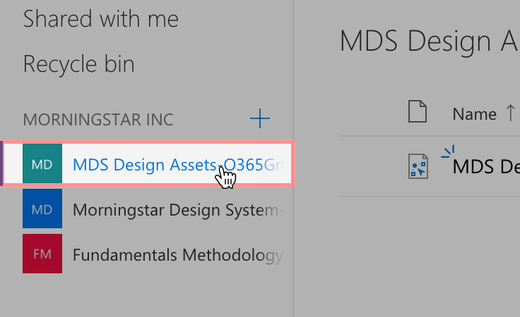 Highlighting the MDS design assets item in the OneDrive navigation.