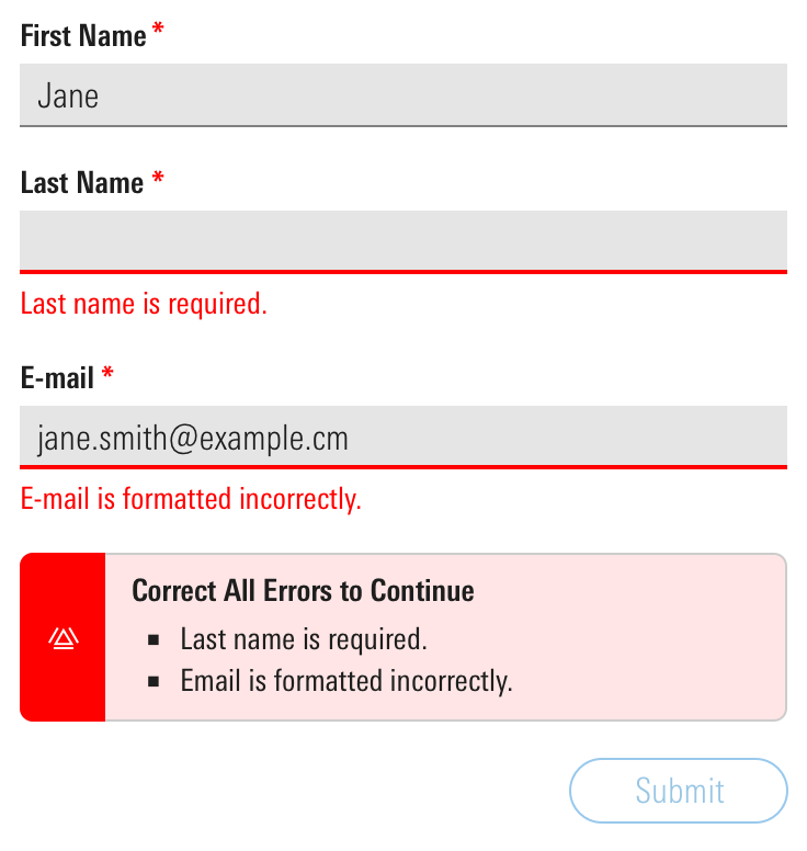 An example of an alert summarizing 2 errors below a form.