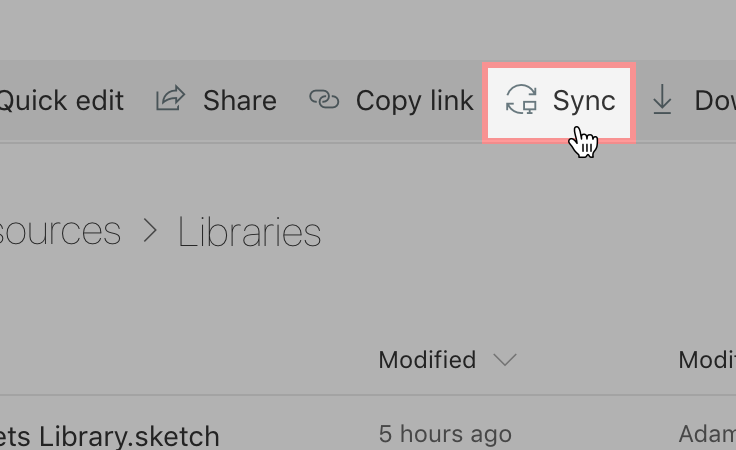 Highlighting the sync button on the MDS design assets OneDrive page.