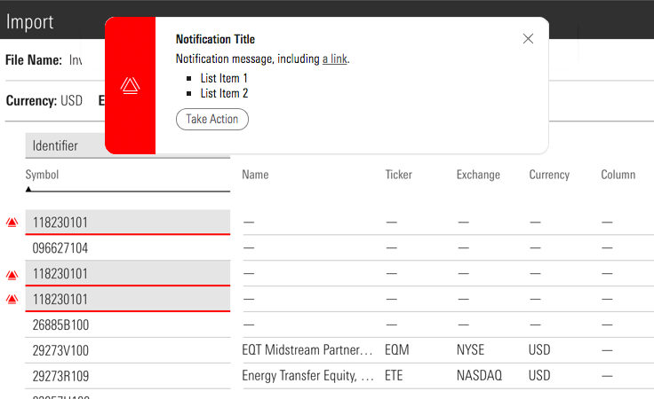 Example of a notification component displaying a page-level summary of multiple errors in a form.