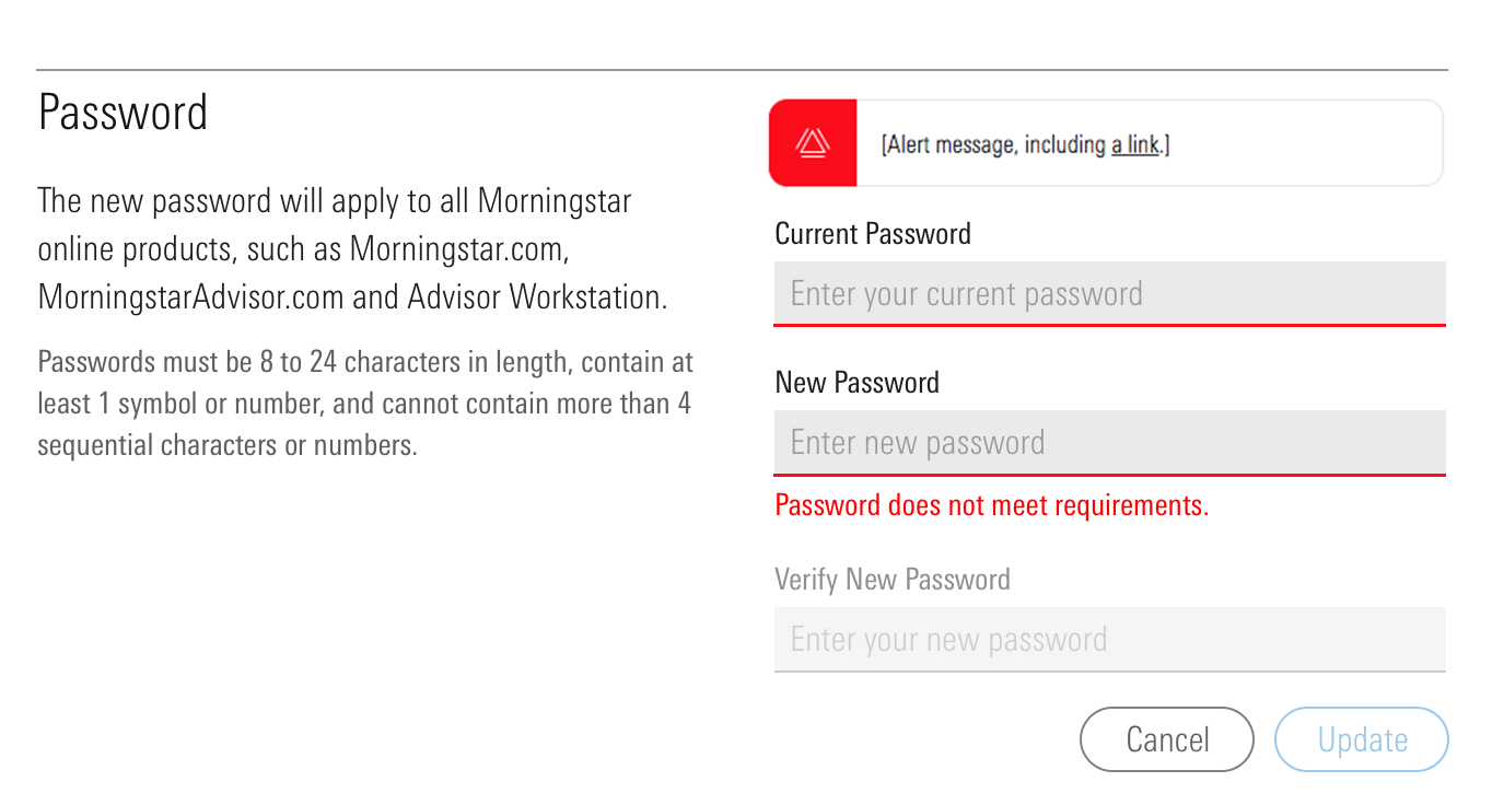 An alert component displaying an in-page error above a form.