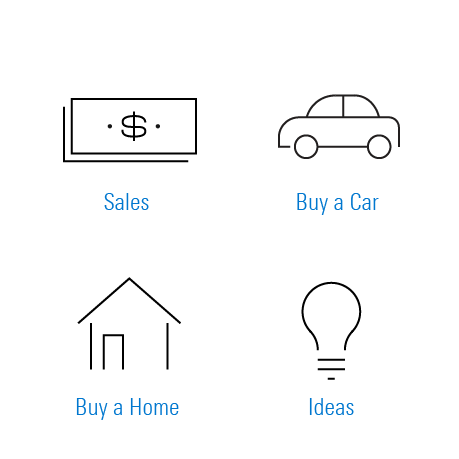 Example of illustrative icons used to show general idas like cash, automobile, home, and ideas.
