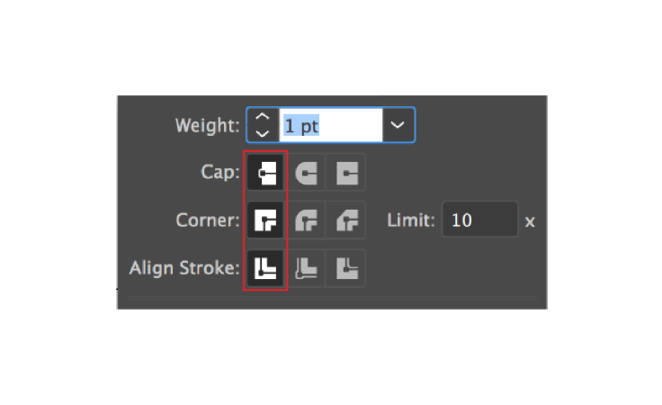 Screenshot showing selection of square butt-cap and miter joints in Illustrator.