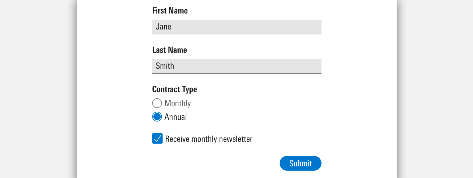 Example of a Morningstar form with a submit button and four fields: first name, last name, contract type, and a checkbox to subscribe to a newsletter.