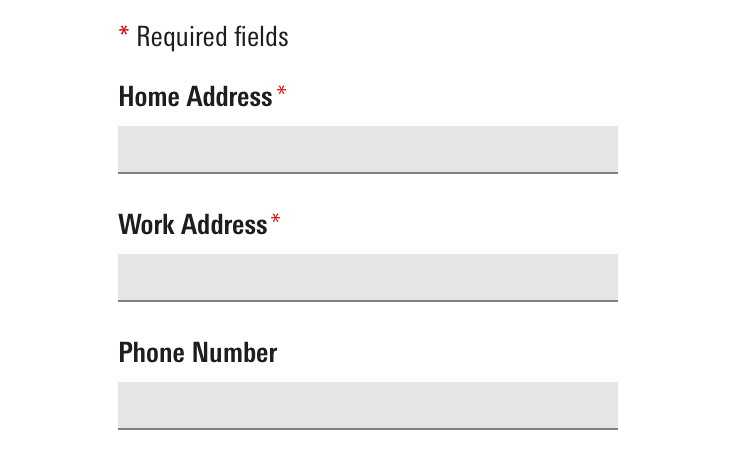 Example of a form with a required fields key and three inputs, two of which include required field indicators.