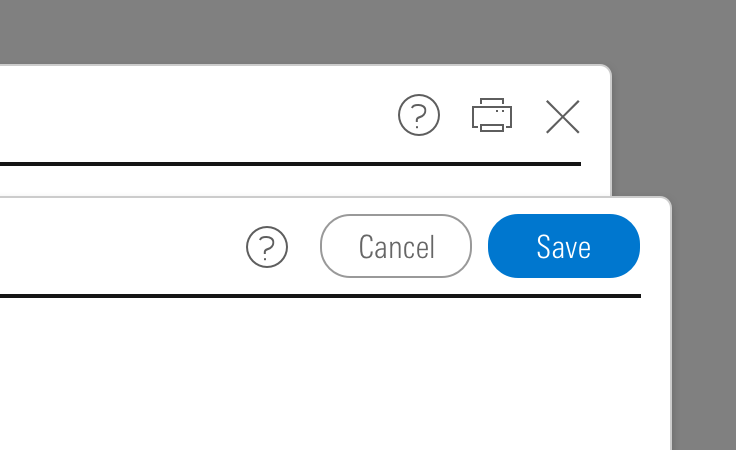 Example of placement of icon-only buttons in a modal's header.